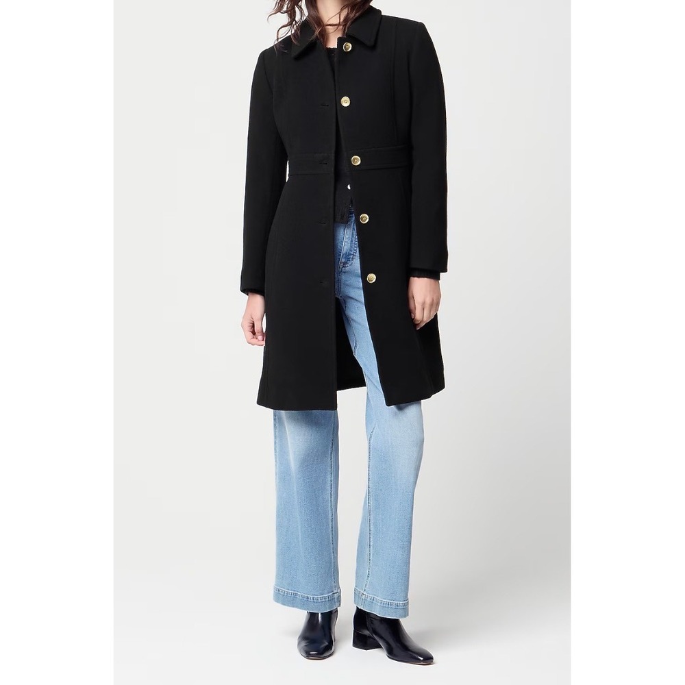J.Crew Factory Lady Day Coat Black Wool Blend Gold Buttons Quiet Luxury 2
